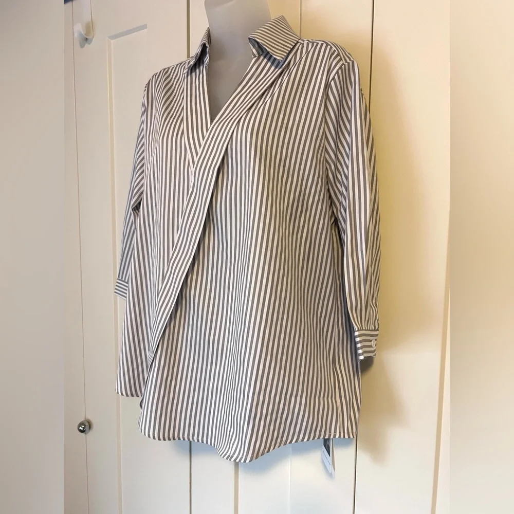 New Lomon collared blouse 3/4 sleeve grey white stripe M - Picture 2 of 8